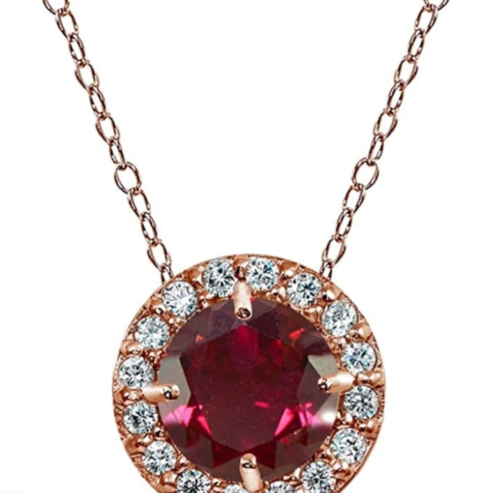 Rose Gold Sterling Gemstone Round Halo Necklace